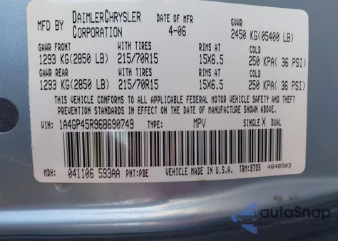 2006 Chrysler Town & Country z USA, uszkodzony, nr VIN 1A4GP45R96B690749